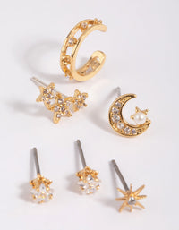 Gold Plated Brass Cubic Zirconia Celestial Stud Earring 6-Pack - link has visual effect only