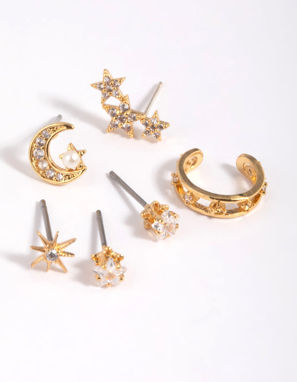 Gold Plated Brass Cubic Zirconia Celestial Stud Earring 6-Pack