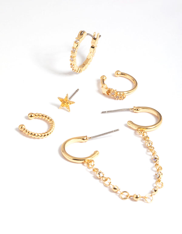 Gold Plated Brass Cubic Zirconia Chain Earring Stack 6-Pack