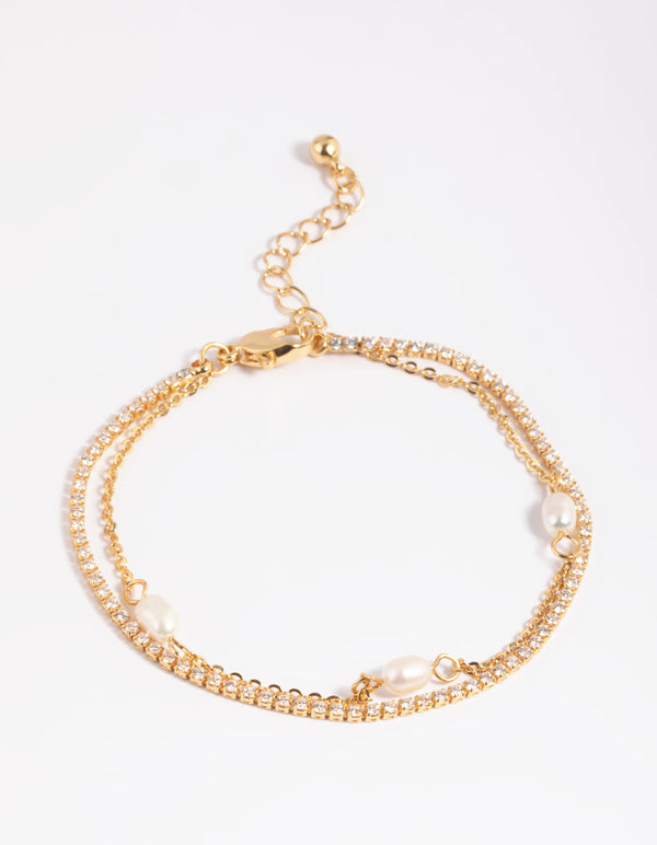 Gold Plated Brass Cubic Zirconia & Pearl Bracelet