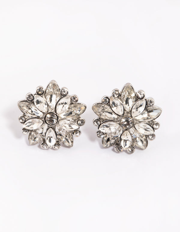 Rhodium Diamante Flower Stud Earrings