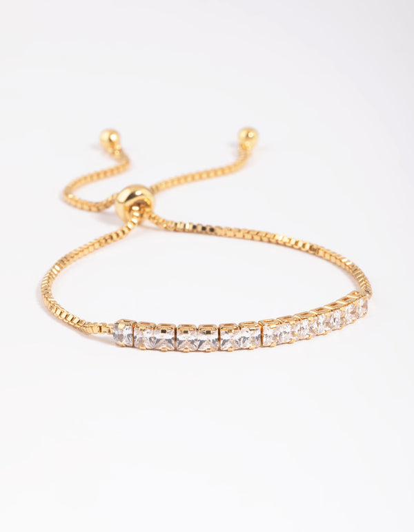 Gold Plated Cubic Zirconia Box Chain Toggle Tennis Bracelet