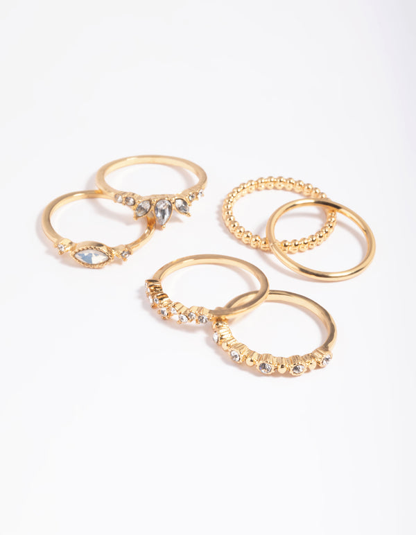 Gold Plated Diamante Pretty Ring Stack 5-Pack