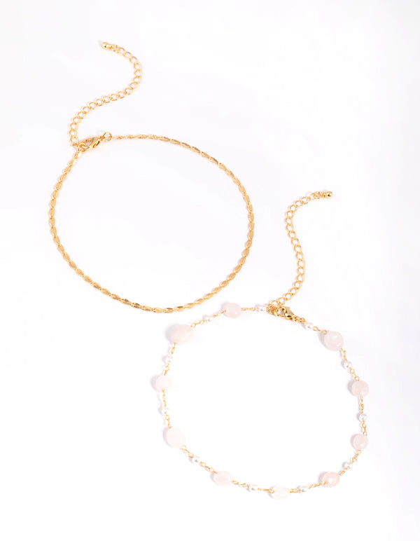 Gold Plated Rose Quartz Chain Anklet Set