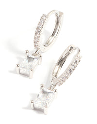 Rhodium Rectangular Cubic Zirconia Huggie Hoop Earrings - link has visual effect only