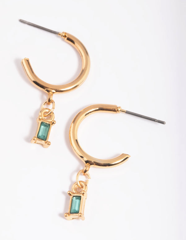 Green Stone Charm Huggie Hoop Earrings