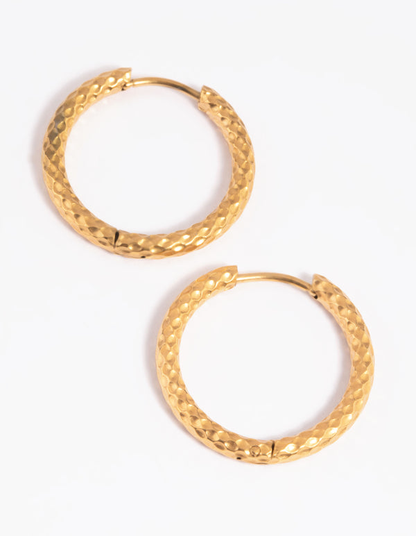 Waterproof Gold Plated Stainless Steel Textured Huggie Hoop Earrings