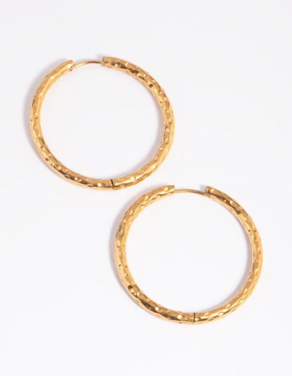 Gold Plated Stainless Steel Textured Large Huggie Hoop Earrings