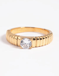 Gold Plated Stainless Steel Line Detail Cubic Zirconia Ring - link has visual effect only