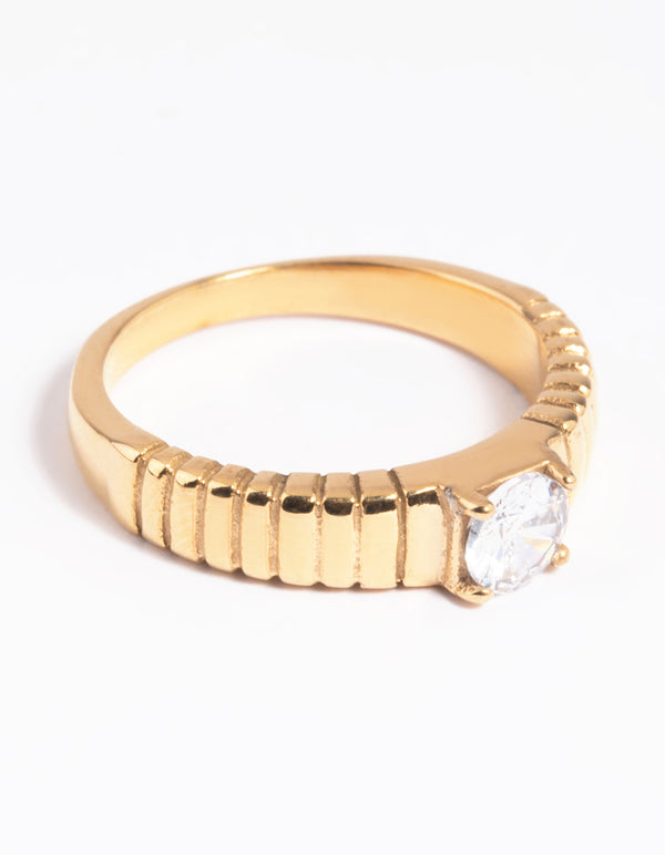 Gold Plated Stainless Steel Line Detail Cubic Zirconia Ring