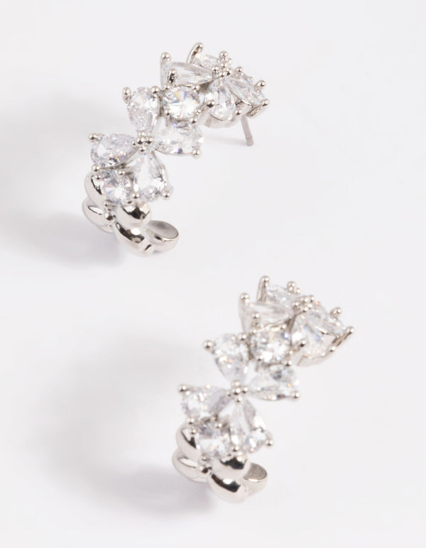 Rhodium Diamond Simulant Floral Hoop Earrings