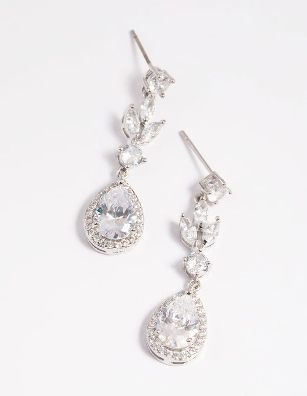 Rhodium Diamond Simulant Teardrop Earrings