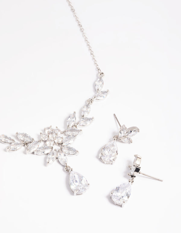 Silver Diamond Simulant Teardrop Necklace & Earrings Set