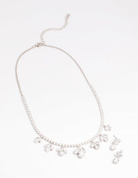 Rhodium Diamond Simulant Flower Necklace & Earrings Set - link has visual effect only