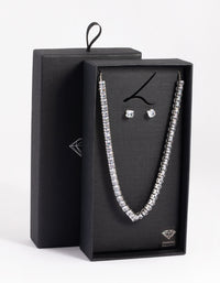 Silver Diamond Simulant Square Necklace & Earrings Set - link has visual effect only