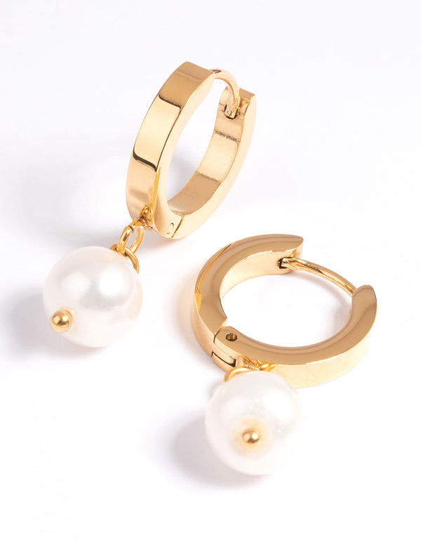 Gold Plated Surgical Steel Pearl Huggie Hoop Earrings