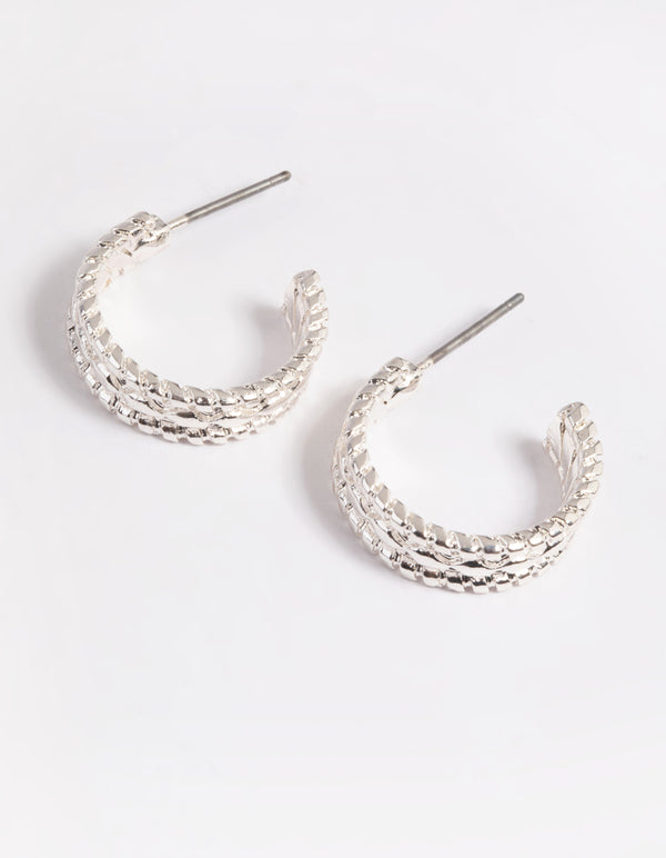 Silver Textured Line Huggie Hoop Earrings