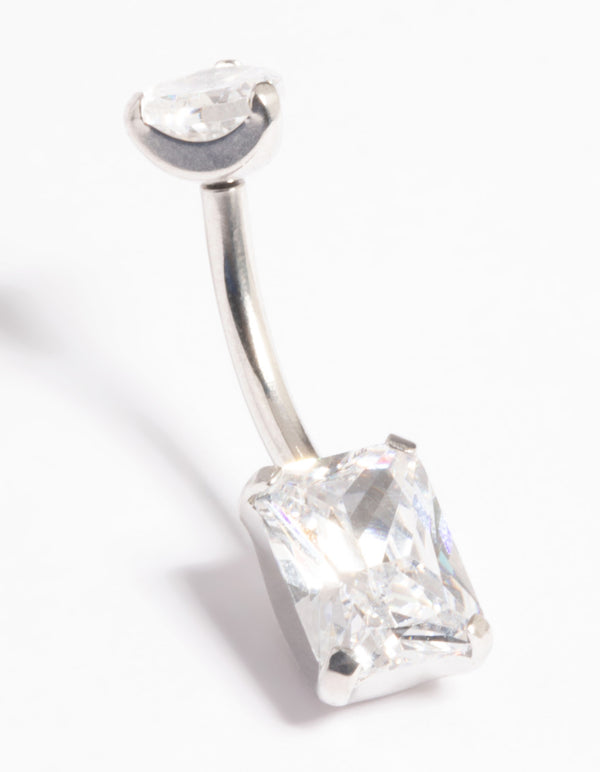 Platinum Plated Titanium Threadless Cubic Zirconia Baguette Belly Bar