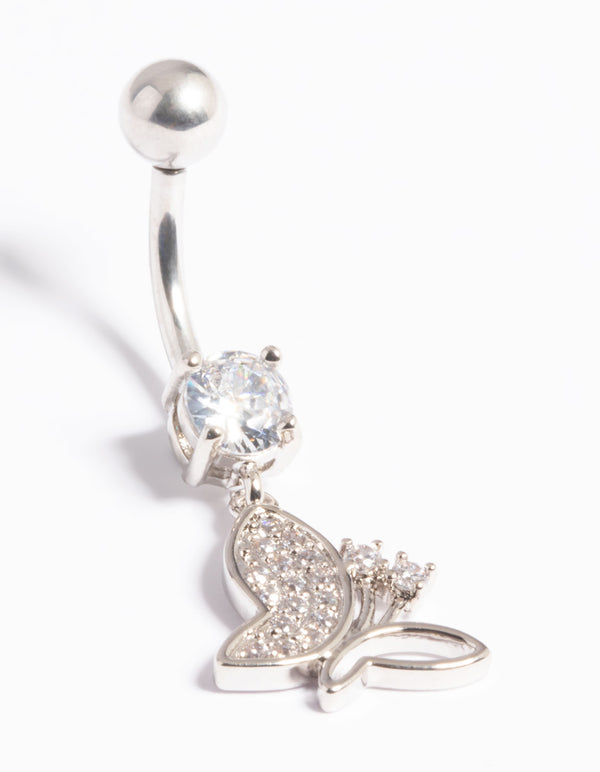 Platinum Plated Titanium Threadless Pave Butterfly Belly Bar