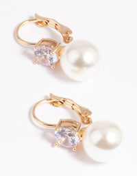 Gold Cubic Zirconia Pearl Huggie Hoop Earrings - link has visual effect only