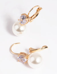 Gold Cubic Zirconia Pearl Huggie Hoop Earrings - link has visual effect only