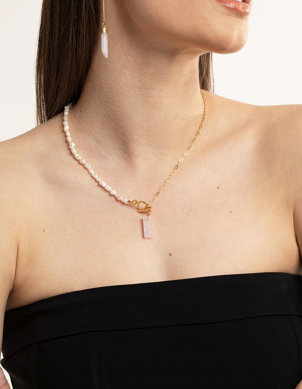 Gold Plated Rose Quartz & Freshwater Pearl Necklace