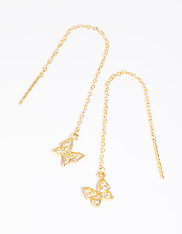 Gold Plated Sterling Silver Pave Butterfly Drop Earrings