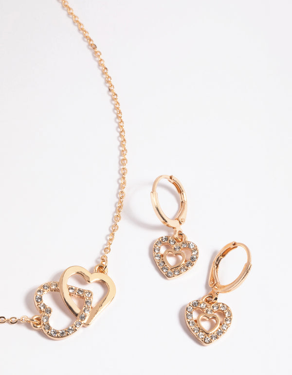 Gold Interlocked Heart Necklace & Earrings Set