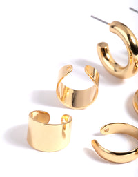 Gold Plated Cuff & Huggie Statement Earring Stack 4-Pack - link has visual effect only