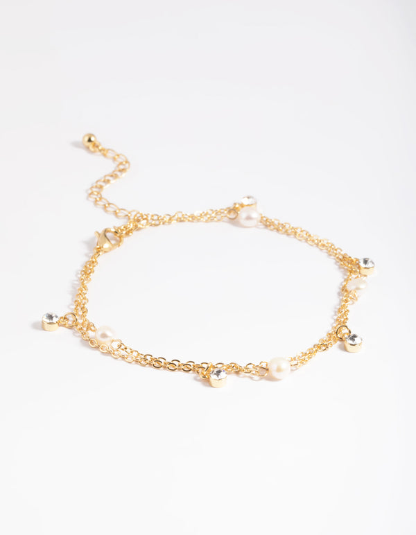 Gold Plated Freshwater Pearl Diamante Anklet