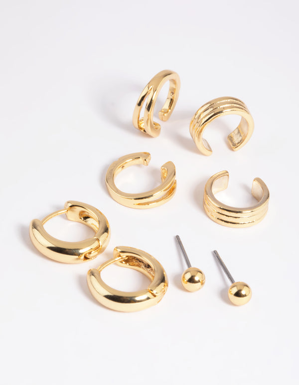 Gold Plated Brass Huggie & Cuff Earring Stack 8-Pack