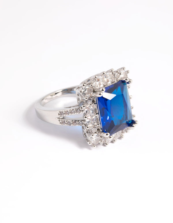 Silver Cubic Zirconia Blue Asscher Ring