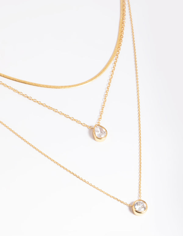 Gold Plated Cubic Zirconia Triple Layered Necklace