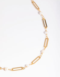 Gold Plated Freshwater Pearl Oval Chain Link Necklace - link has visual effect only