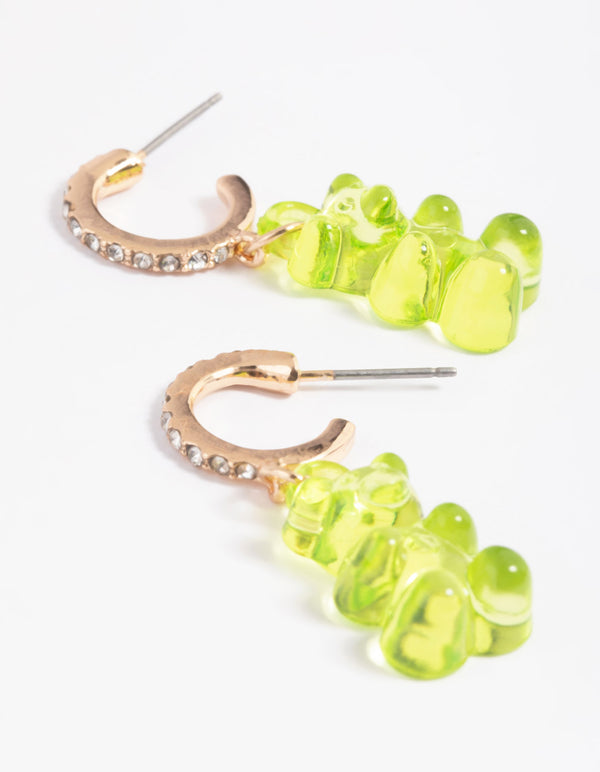 Gold Diamante Green Cute Bear Earrings