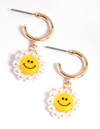 Gold Smiley Pearl Huggie Drop Earrings - link has visual effect only