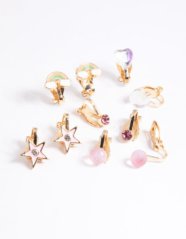 Kids Gold Pastel Rainbow 5-Pack Clip On Earrings