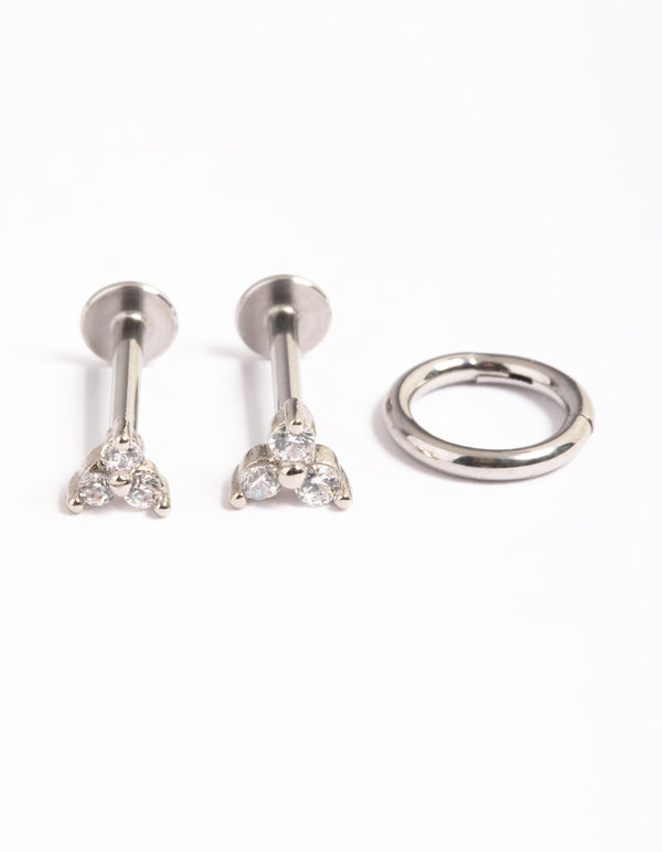 Surgical Steel Cubic Zirconia Tri Clicker Earrings Pack