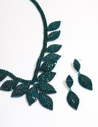 Teal Single Leaf Diamante Earring & Necklace - link has visual effect only