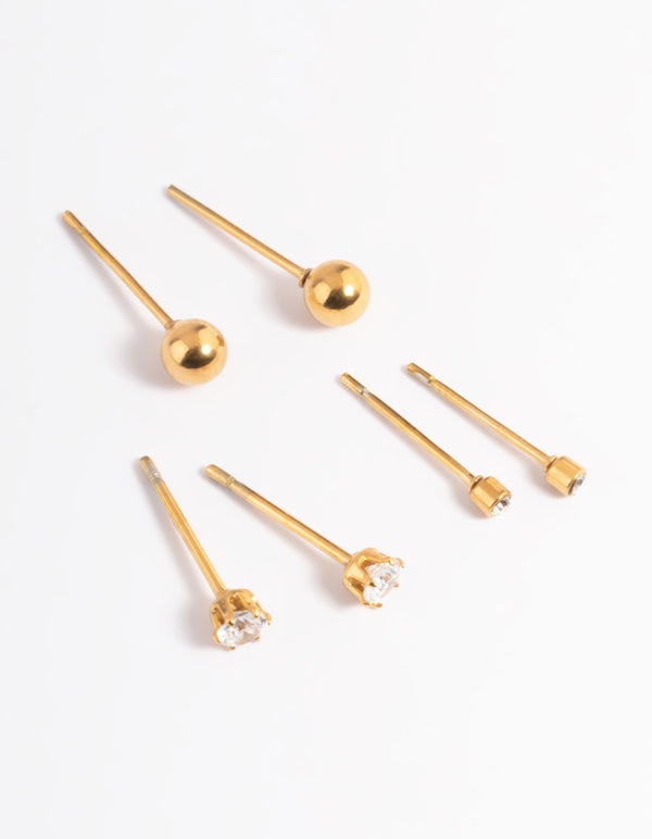 Waterproof Gold Plated Stainless Steel Cubic Zirconia Plain Stud Earring Pack