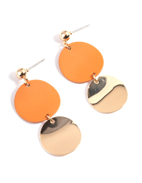 Orange Coated & Plain Disc Drop Earrings