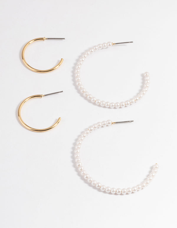 Gold Plain & Pearl Pack Earrings