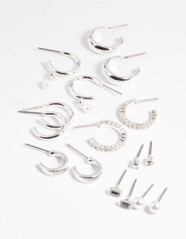 Rhodium Basic Stud & Hoop Earrings 8-Pack