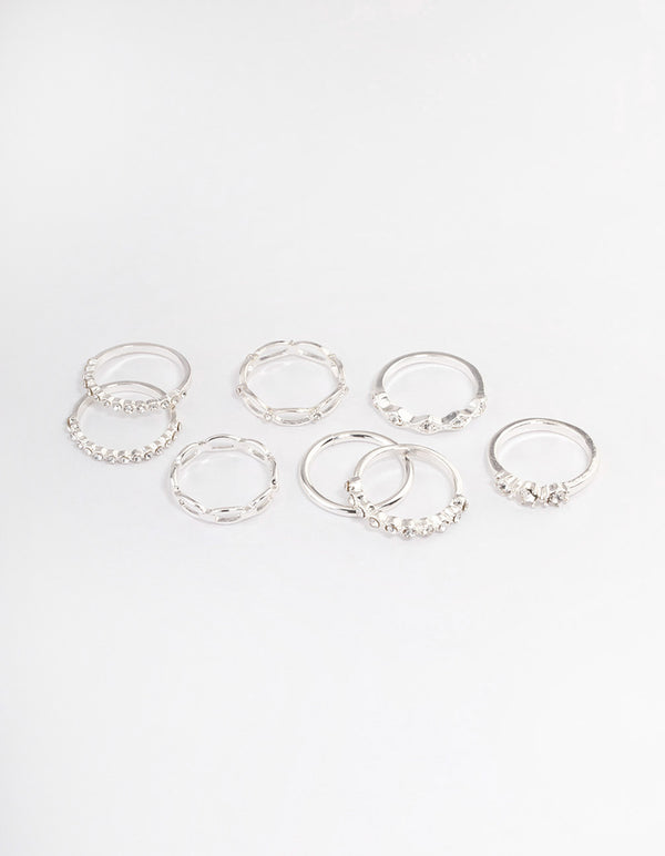 Silver Diamante Row Mix Ring 8-Pack