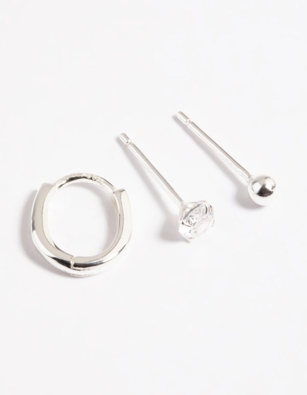 Sterling Silver Cubic Zirconia Ball & Huggie Curated Ear Pack