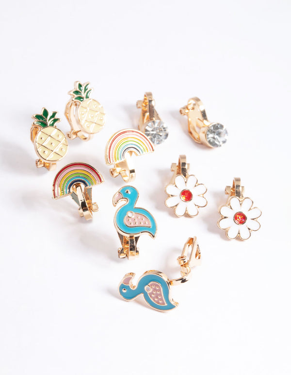 Kids Pastel Rainbow Tropical Clip On Earrings