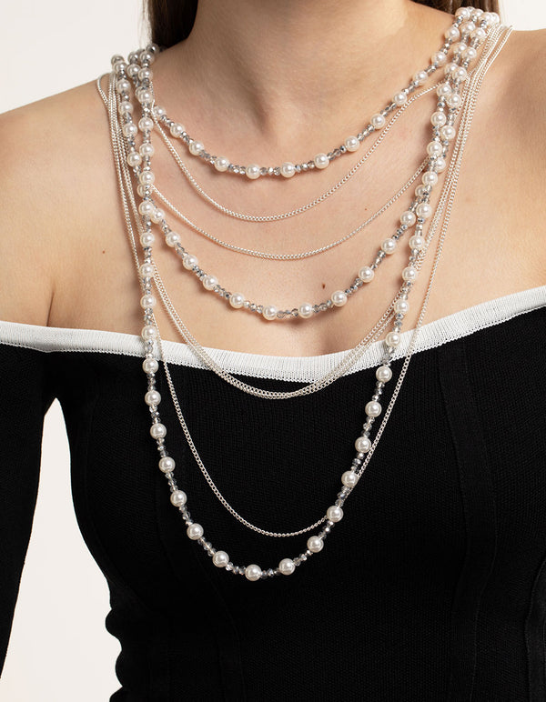 Silver Bead & Facet Multi-Row Long Necklace