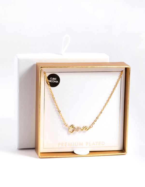 Gold Plated Cubic Zirconia Love Script Necklace