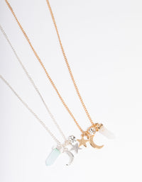 Mixed Metal Green Fluorite & Clear Quartz Charm Shard Necklace Pack - link has visual effect only