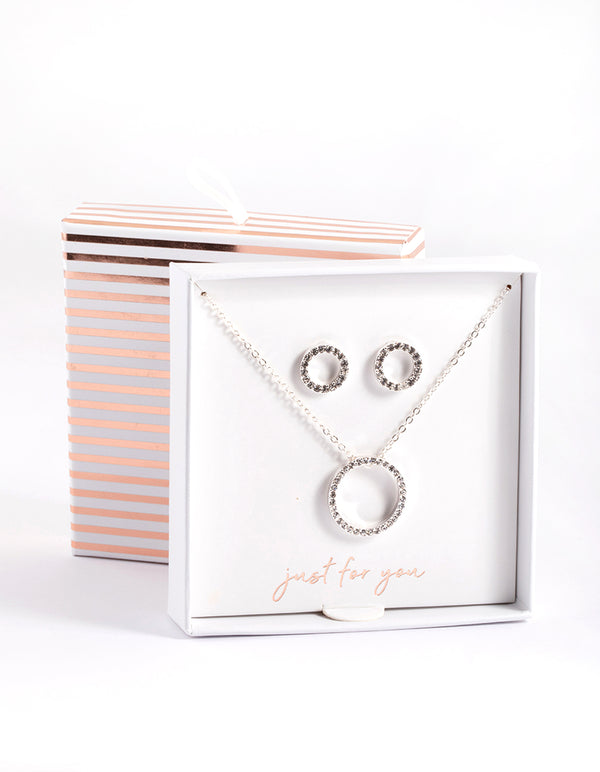 Silver Diamante Open Circle Necklace & Stud Earrings Set